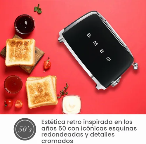 Vista 6 de Smeg Tostadora de 4 Rebanadas Estilo Retro Estético de los 50, 6 Preajustes, Ranuras Extra Anchas, Negro TSF03BLUS