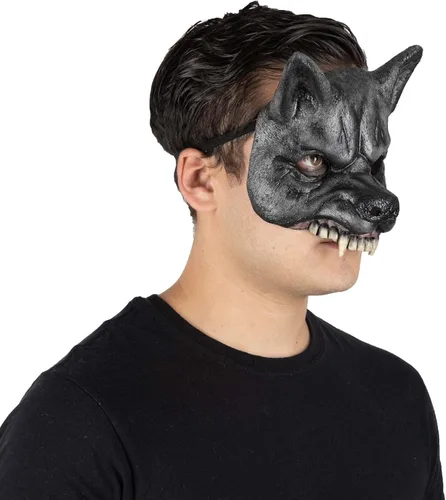 Vista 4 de Ghoulish Productions Máscara de media máscara de lobo negro. Máscara de látex de lobo furioso. Máscara de látex de talla única para adultos. Línea