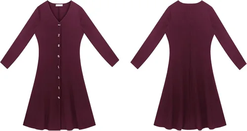 Vista 6 de R.Vivimos - Vestido midi de manga larga, de algodón, con cuello en V y abotonado, para el invierno, estilo casual, de punto