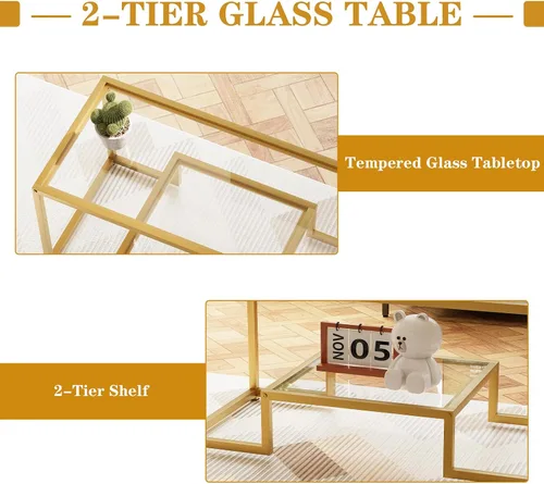 Vista 5 de Wolawu Mesa de café Mesa de café de vidrio dorado para la sala de estar, mesa central rectangular de 2 niveles con marco de metal resistente, mesa