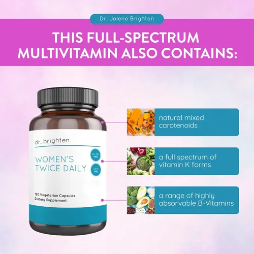 Vista 4 de Dr. Brighten Multivitamínico premium para mujeres, de espectro completo sin hierro, nutrientes únicos, vitaminas B superiores, 120 cápsulas