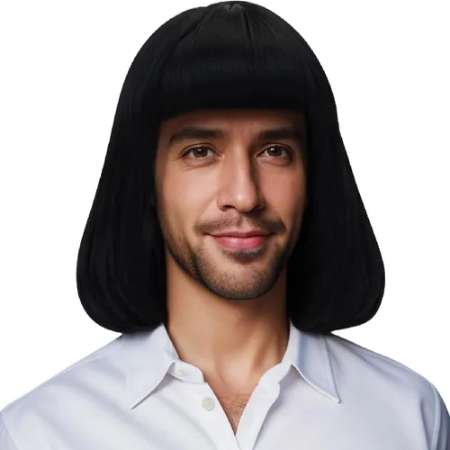 Vista 7 de Peluca unisex negra con flequillo plano, peluca de cabello negro corto y Negro Bob-Short