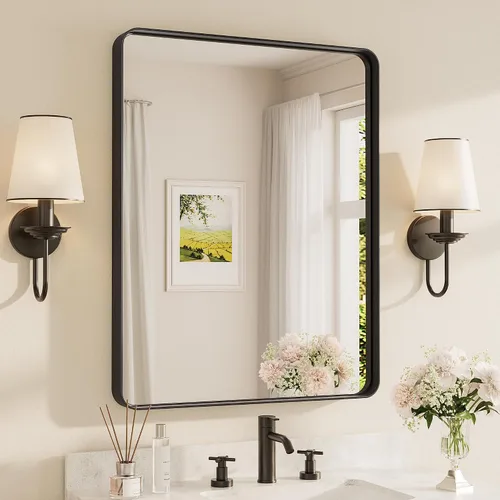 Vista 116 de Espejo de marco dorado cepillado de 16 x 24 pulgadas, espejo de tocador de baño de latón dorado para pared, espejo enmarcado rectangular de esquina