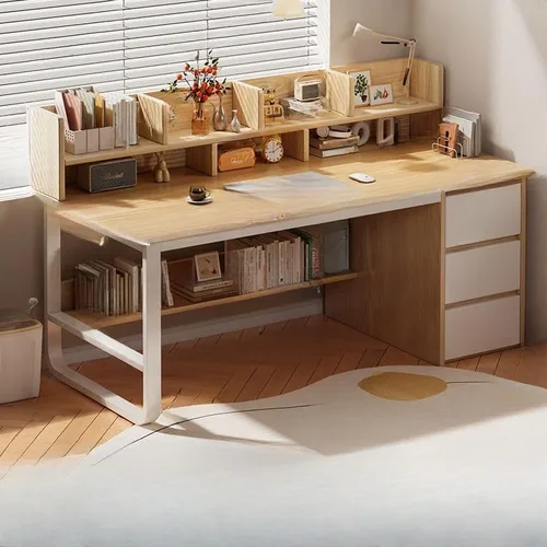 Vista 9 de Escritorio moderno con 3 cajones, mesa de estudio de computadora con gabinete para oficina en casa, estación de trabajo para espacios pequeños Gris