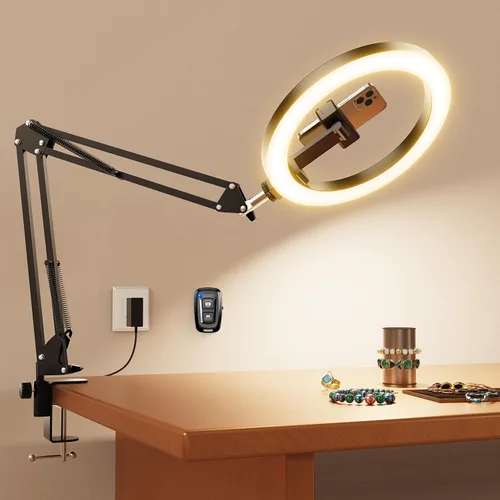 Vista 10 de Soporte de Montaje de Teléfono con Cámara Aérea y Anillo de Luz Mejorado para Escritorio, Evershop Luz para Selfie de 10" con Trípode para iPhone