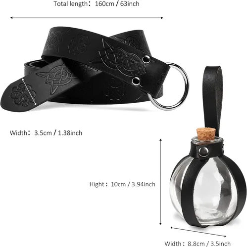 Vista 8 de SUMGOGO 5 piezas Cinturón de corsé Renacentista, cinturón medieval, bolsa de cinturón renacentista, botella de corcho de poción, accesorio de Negro