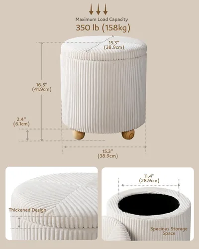 Vista 2 de Adeco Otomana redonda de almacenamiento, taburete tapizado para maquillaje, taburete de terciopelo para dormitorio, dormitorio beige