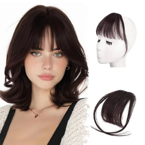 Vista 20 de BARSDAR Flequillo postizo de pelo humano real - Flequillo postizo 100% pelo humano para mujeres - Extensiones de flequillo ondulado castaño rojizo