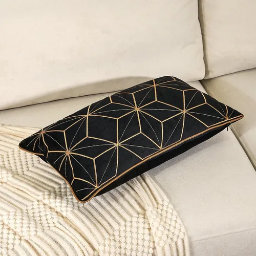 Vista 3 de Aeckself: funda decorativa de almohada bordada de terciopelo negro 12 x 20 pulgadas, geométrica, a cuadros dorados, moderna, rectangular, para apoyo