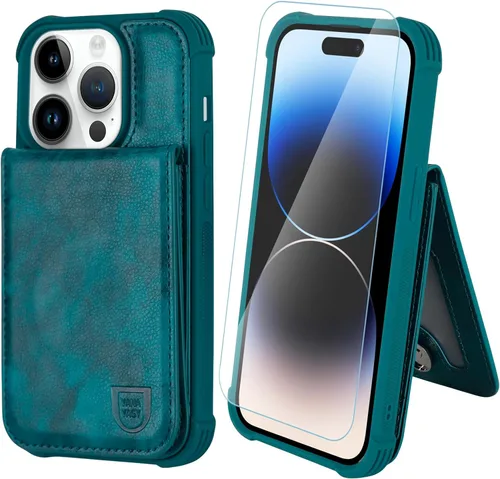 Vista 22 de VANAVAGY Funda tipo cartera compatible con iPhone 14 Pro Max para mujeres y hombres, de piel sintética, cierre magnético, con bloqueo RFID Negro