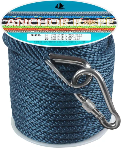 Vista 47 de Cuerda de anclaje de 1/2 pulgada y 50 pies, cuerda de anclaje para barco, trenza sólida MFP, línea de anclaje con dedal de acero inoxidable 316
