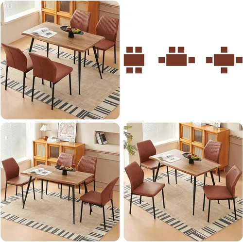 Vista 3 de Juego de mesa de comedor para 4, mesa de comedor rectangular irregular de madera moderna, sillas de comedor de cuero, 4 mesas y sillas, juego de 4