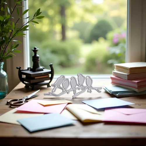 Vista 2 de Troqueles de corte de metal para hacer tarjetas, 5 pequeños pájaros en ramas, plantillas de corte para manualidades, álbumes de recortes, álbum