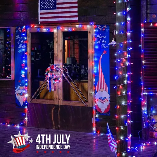 Vista 5 de JMEXSUSS - Paquete de 2, luces LED rojas, blancas y azules de 100, 10 metros, cadena de luces del 4 de julio para exteriores, 8 modos de luces