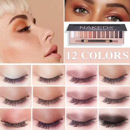 Vista 2 de Paleta de sombras de ojos desnudas de 12 colores, paleta de sombra de ojos natural mate nude brillante altamente pigmentada, juego de paleta