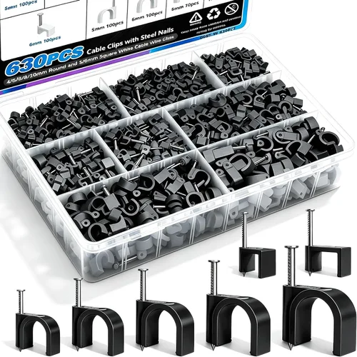 Vista 10 de mxuteuk 200 piezas de clips para cables con clavos de acero, clips para cables redondos negros de 4/6/8/10 mm, clips de pared para cables, clips