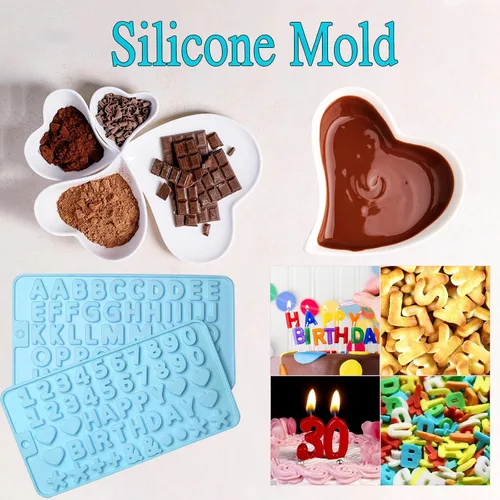 Vista 7 de 2 moldes de chocolate con números y moldes de silicona de letras, con 2 cuentagotas, decoraciones de letras para tartas, moldes de silicona