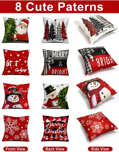 Vista 3 de multiwins Juego de 4 fundas de almohada navideñas con estampado de doble cara de 18 x 18 pulgadas, con 8 bonitos patrones, fundas de almohada