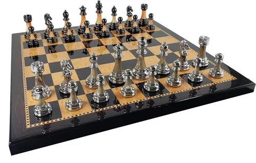 Vista 2 de HPL Staunton - Juego de ajedrez cromado y negro para hombre con tablero de color nogal oscuro de 18 pulgadas, 2 jugadores, a partir de 12 años
