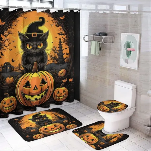 Vista 11 de Juego de 4 cortinas de ducha de Halloween, gato negro, luna llena, calabaza aterradora, cortina de ducha y alfombras, juego de cortina de ducha