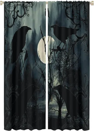 Vista 30 de Cortinas góticas rústicas con estampado de cuervo de bosque brumoso, rama, luna, bolsillo para barra, cortinas de ventana para dormitorio, sala