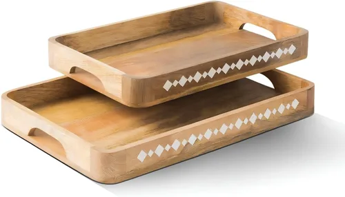 Vista 9 de Mela Artisans - Bandeja rectangular de madera de mango para servir, natural Bordes rectangulares