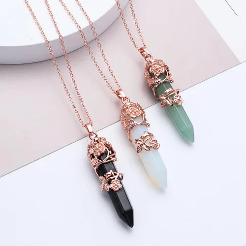 Vista 9 de Regalo para mujeres y hombres, collar hexagonal de cristal curativo, con diseño de amatista, con colgante de cuarzo envuelto en flores de amatista