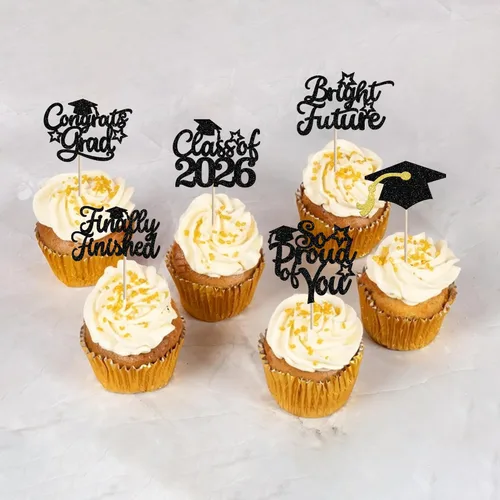 Vista 4 de 30 piezas de decoración para cupcakes de graduación para la clase de 2026 con purpurina brillante para el futuro diploma hecho 2026 Felicidades