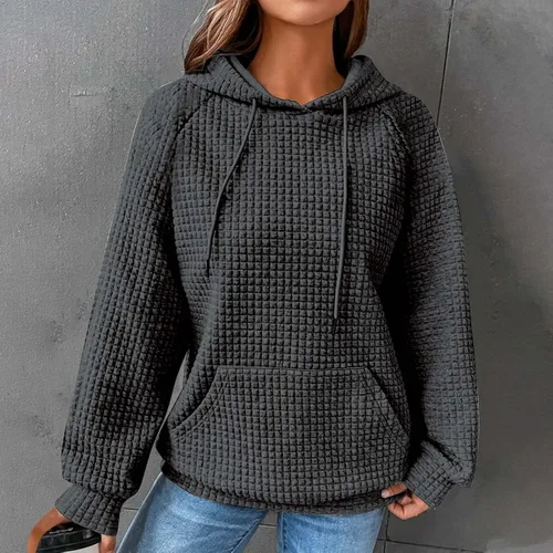 Vista 2 de Sudadera con capucha de punto gofre para mujer, de moda, para otoño, 2023, lindo suéter con cordón, para entrenamiento, gimnasio, sudadera