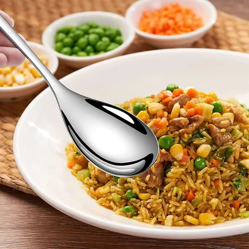 Vista 7 de Juego de 2 cucharas de servir, cucharas sólidas y ranuradas de acero inoxidable de 9.4 pulgadas, utensilios de cocina extra grandes y resistentes