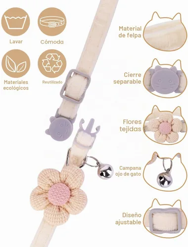 Vista 2 de Collar de gato de terciopelo suave con campana, collar ajustable para Rosa (Flower Pink)
