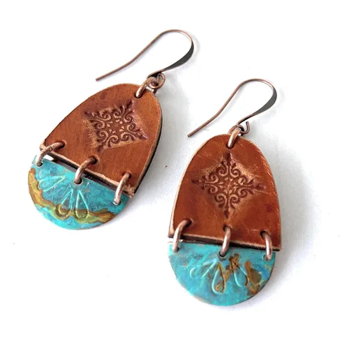 Vista 10 de Boho Leather Stamped Scroll & Turquoise Rust Copper Earrings (Sterling Silver Earwires)
