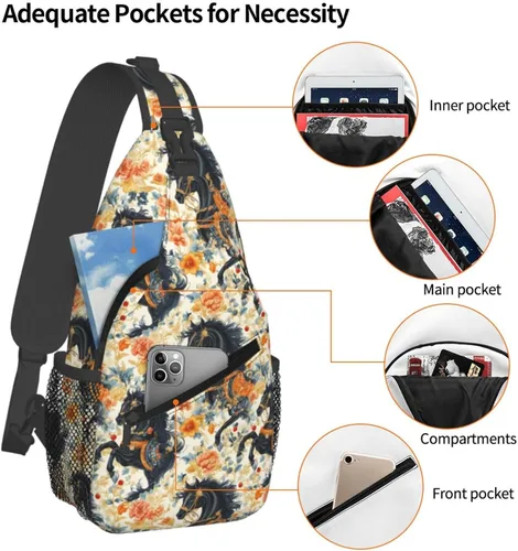 Vista 4 de Small Crossbody Bags for Women Men - Vintage Flower Black Horse Print Adjustable Shoulder Bag Fanny Packs Belt Sling Bag Crossbody Purses Backpack