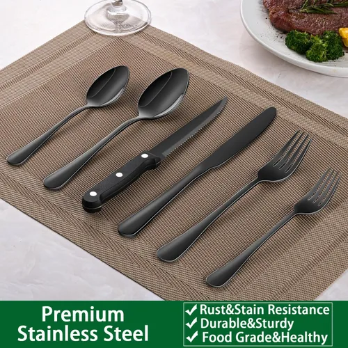 Vista 7 de Juego de 49 piezas de cubiertos de acero inoxidable negro con organizador, juego de cubiertos negros con cuchillos para carne para 8 personas, juego