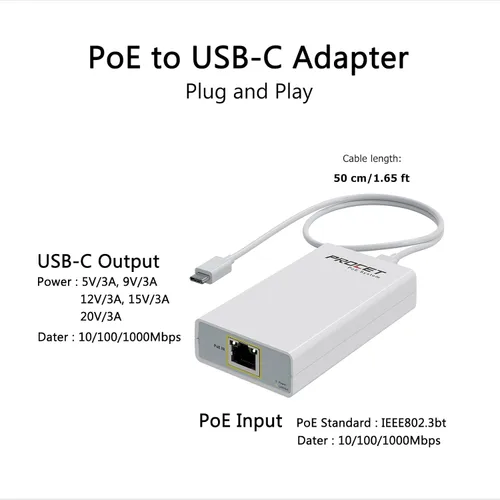 Vista 2 de Convertidor Gigabit PoE a USB C para teléfono inteligente/tableta, adaptador USB-C a Ethernet con carga de 60 W, alimentación y datos 2 en 1 puerto