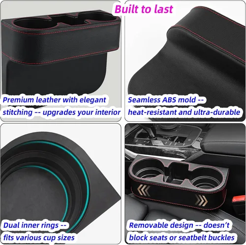 Vista 4 de Expansor de portavasos para automóvil y relleno de espacio para el asiento, funda de piel sintética con costuras, organizador de asiento delantero