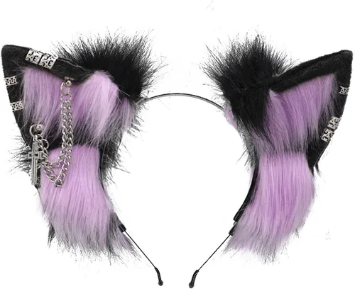 Vista 11 de VIGVAN Orejas de zorro de lobo hechas a mano Animal Cosplay Cute Head Accesorios para Halloween (negro)