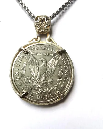Vista 6 de suiwoyou Mecanismo móvil adornos colgante 1921 Morgan Hobo moneda collar colgante jooact suéter cadena latón calavera colgante