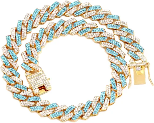 Vista 20 de Collar de cadena dorada para perro, collar cubano de diamantes para caminar, collar de cadena de metal con diseño de hebilla segura, collares