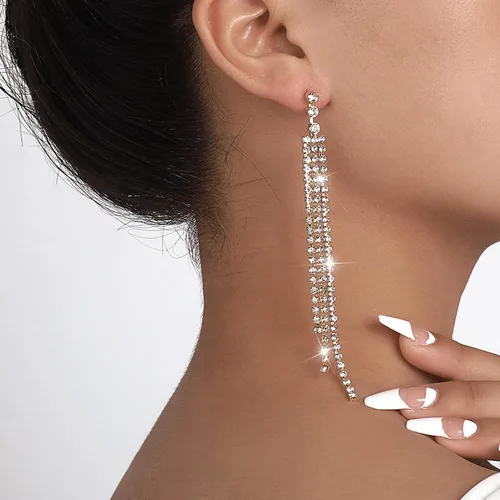 Vista 6 de Aretes de borla para mujer, cadena de discoteca, aretes colgantes para boda, dama de honor, para fiesta