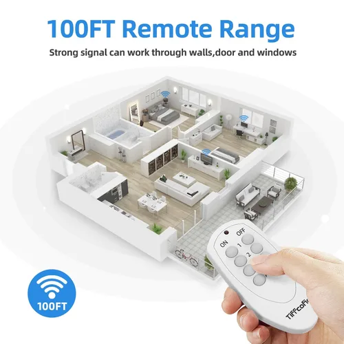 Vista 2 de TiFFCOFiO Enchufe de salida de control remoto, interruptores de luz inalámbricos para interiores, control remoto de rango de 100 pies, 15A/1875W