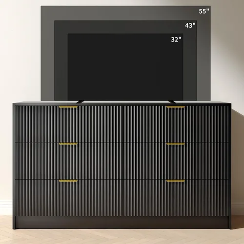 Vista 7 de Cómoda negra con 6 cajones profundos, cómoda acanalada de 55" de ancho para dormitorio con tirador dorado, cómoda moderna para armario, dormitorio