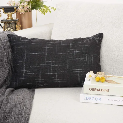 Vista 2 de YOUR SMILE - Funda de almohada decorativa oblonga de color sólido de algodón y lino, funda de cojín lumbar para sofá, cama, 30.5 x 50.8 cm, Negro