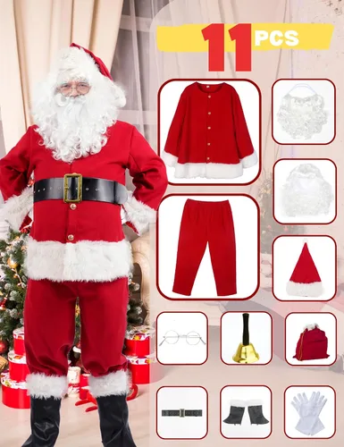 Vista 5 de Opemon Disfraz de Papá Noel para hombre, 11 piezas, juego de traje de Navidad profesional de lujo para hombres adultos, traje de Santa Claus, traje