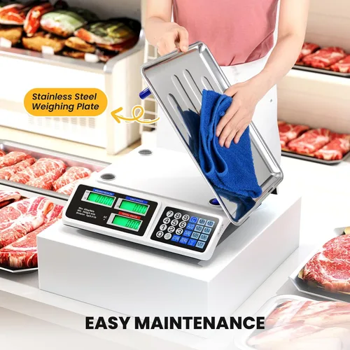 Vista 8 de Giantex Báscula de cálculo de precios 66 lb/30 kg, báscula comercial recargable de alimentos con pantalla LCD doble, plataforma de acero inoxidable