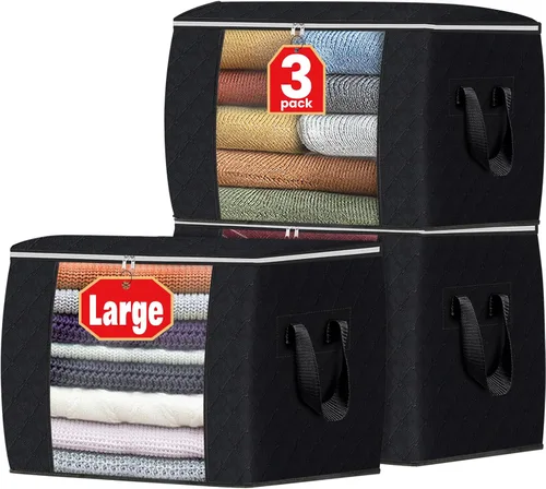 Vista 37 de Fab totes Paquete de 3 bolsas de almacenamiento plegables de tela gruesa, contenedores para organizar dormitorio, armario, ropa, edredón, Beige