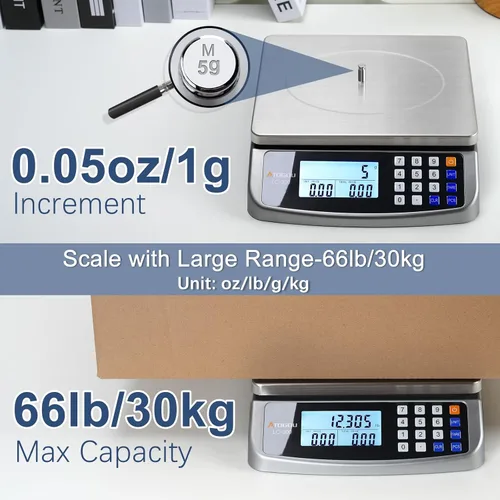 Vista 2 de Atogou Báscula de alimentos de 66 libras, báscula de cocina comercial con cálculo de precios, enchufable utilizable, 0.05 oz/1 g, acero inoxidable