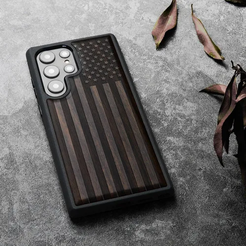 Vista 3 de Carveit Funda de madera para Galaxy S24 Ultra, bandera americana Bandera americana-Madera oscura
