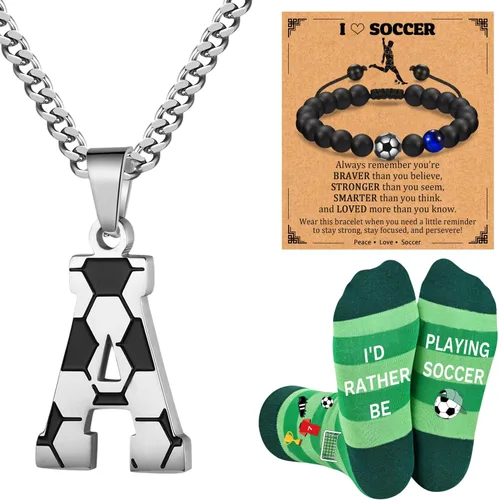 Vista 7 de Soccer Gifts Set A-Z Letter Soccer Necklace for Men Novelty Soccer Socks&Soccer Bracelets for Soccer Lovers
