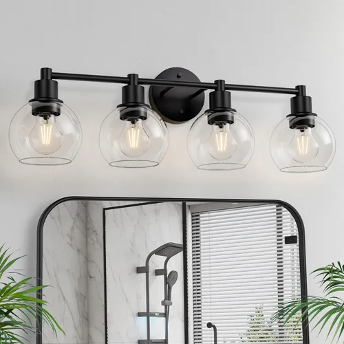 Vista 10 de 2 lámparas de baño, luces de tocador negras, luces de tocador de baño de granja, 2 luces, globo negro mate, accesorio de iluminación sobre espejo